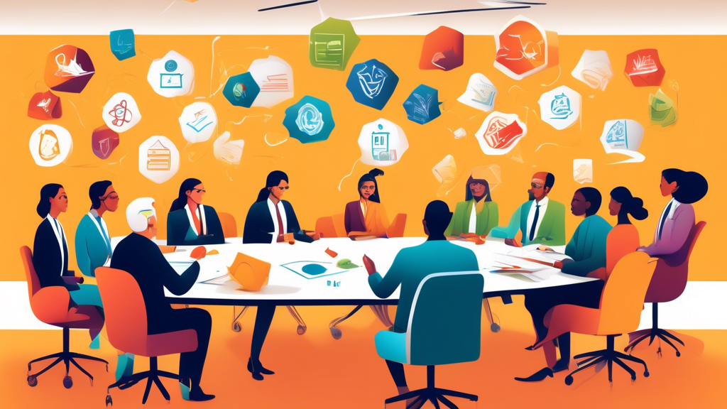 A group of diverse professionals engaged in a lively discussion around an oversized, open insurance manual, with symbolic icons such as badges, certificates, and insurance company logos floating above it, set in a modern, well-lit conference room.
