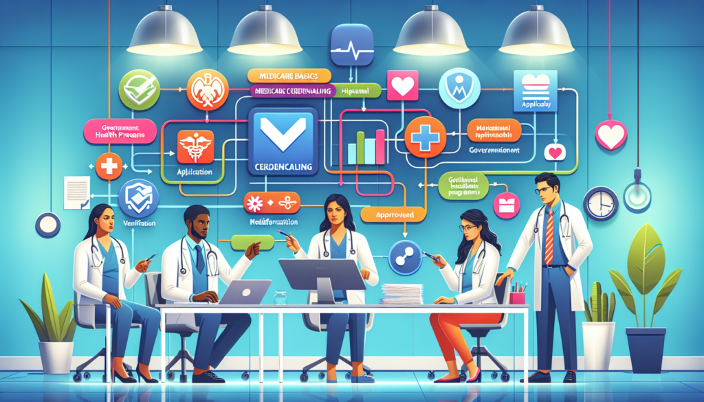 Create an image in a cinematic style that visually explains the basics of Medicare Credentialing. The image should encompass a modern and colorful vibe. The narrative could include diverse healthcare professionals like a Middle Eastern female doctor, Hispanic male nurse, and South Asian female administrator working through a visual flow chart representing various steps involved in the process, including application, verification, and approval. There also might be symbols representing governmental health programs and medical codes. Please note that this image should contain no text or captions.