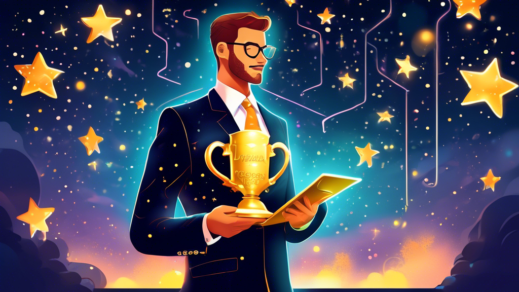 An illustrated digital art piece depicting a key unlocking a glowing golden trophy, with a person in a business suit standing confidently beside it, holding a clipboard that reads 'Success Manager' under a sky filled with glowing stars.