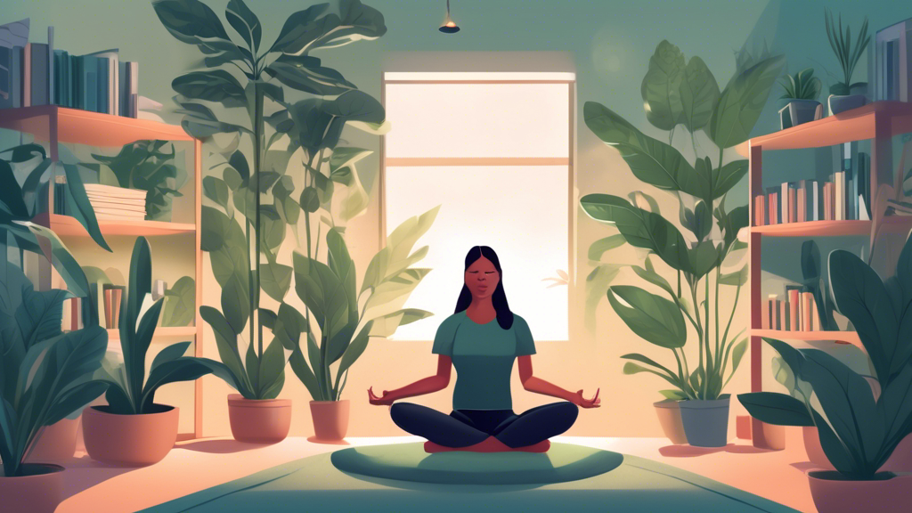 An illustration of a serene therapist meditating in a tranquil office filled with plants, soft lighting, and books on psychology, symbolizing balance between professional duties and self-care for mental health professionals.