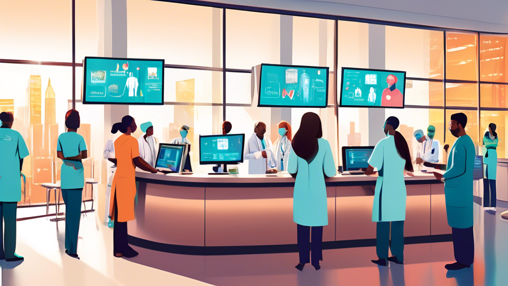 An illustrated scene in a busy, modern hospital reception, showing a diverse group of healthcare professionals including doctors and nurses looking at a large, glowing digital screen that displays var