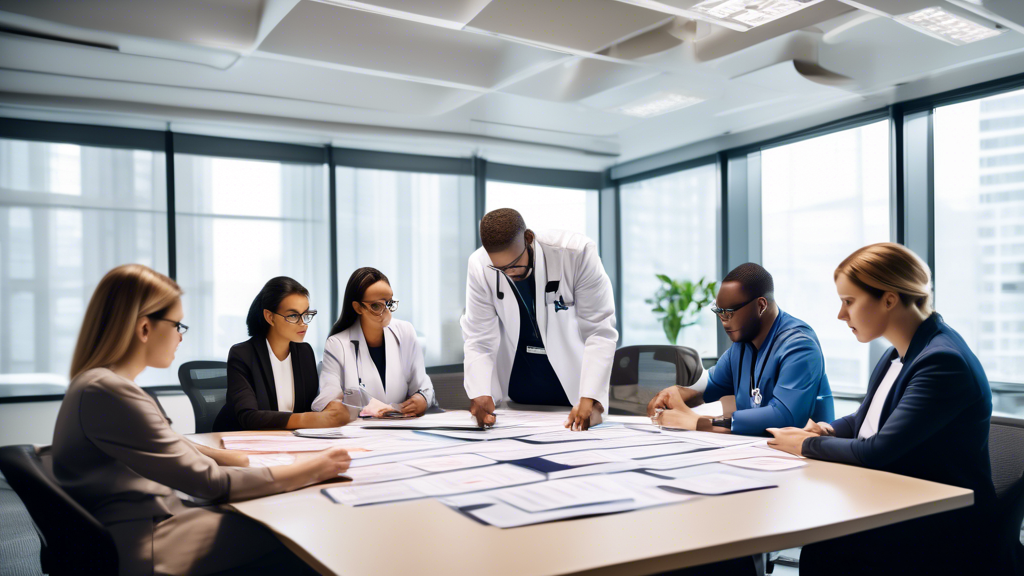 A meticulous office scene showing a diverse group of healthcare professionals collaboratively reviewing and organizing a large stack of credentialing applications spread across a modern conference tab