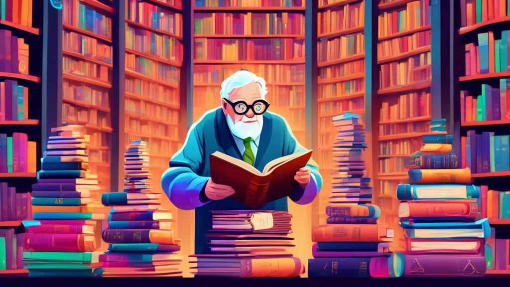 A wise elderly librarian with glasses, surrounded by towering stacks of books and digital screens displaying myths and facts, solving the puzzle of credentialing myths in a large, ancient library with