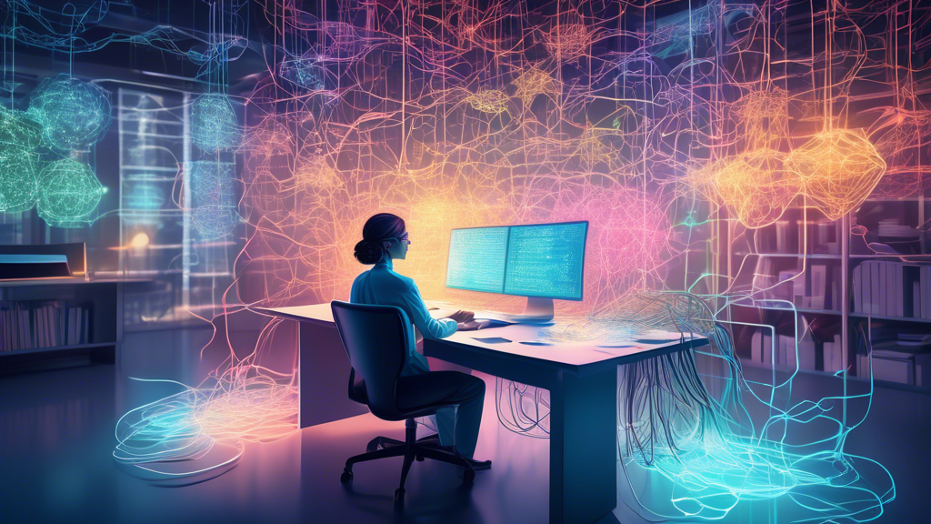 An intricate digital illustration of a mental health therapist sitting at a desk, surrounded by hovering, glowing taxonomy codes, each code connected by luminous neural-like links, in a calm, modern o