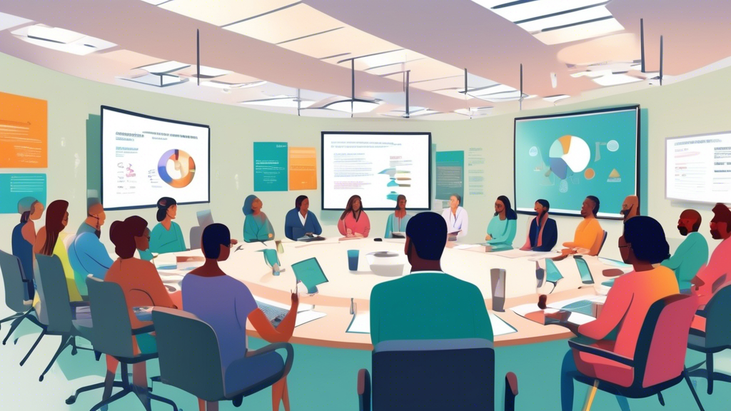 A modern, bright conference room filled with diverse mental health professionals sitting around a large round table, attentively listening as an expert presents a digital slideshow about current crede