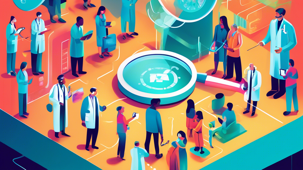 An illustrated guidebook cover displaying a diverse group of clinicians from various specialties, each holding a magnifying glass to inspect a giant, glowing NPI number, set in a modern, digital healt
