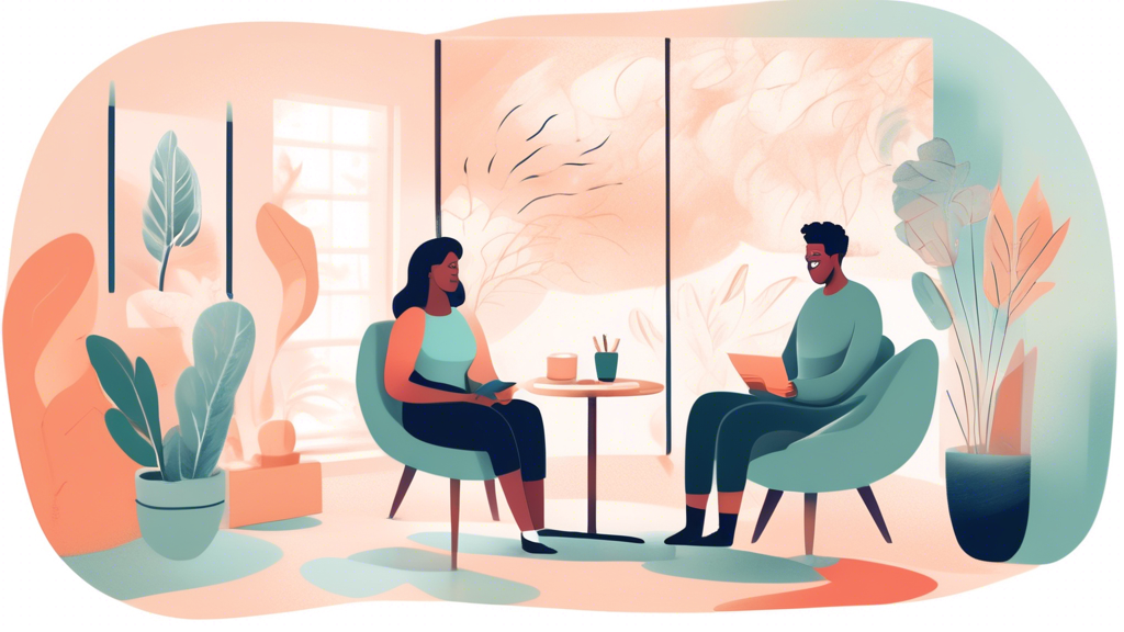 An illustration of a serene therapy office with a mental health practitioner discussing insurance papers with a smiling client, surrounded by tranquil decor and soothing colors.