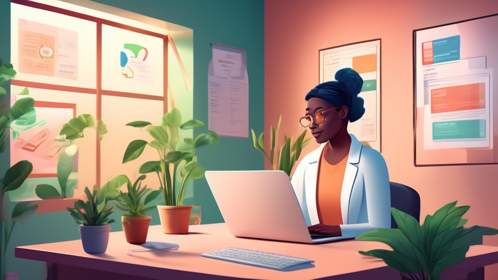 A serene and professional digital illustration of a mental health professional having a telehealth session on a laptop in a well-organized office, with certificates and credentials prominently display