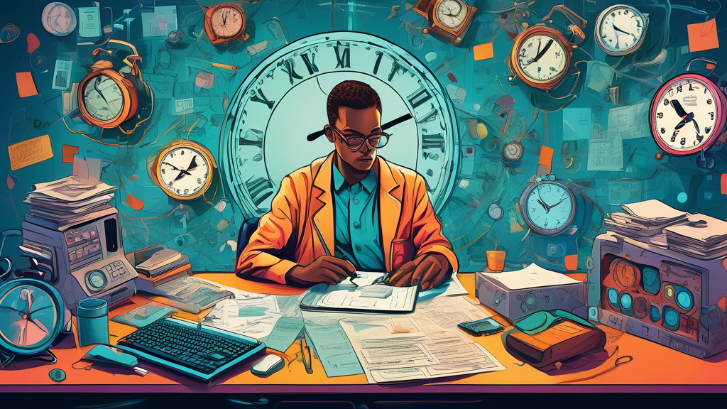 An intricate digital artwork depicting a medical professional sitting at a desk filled with paperwork and a computer, surrounded by clocks showing different times, symbolizing the ongoing and intricat
