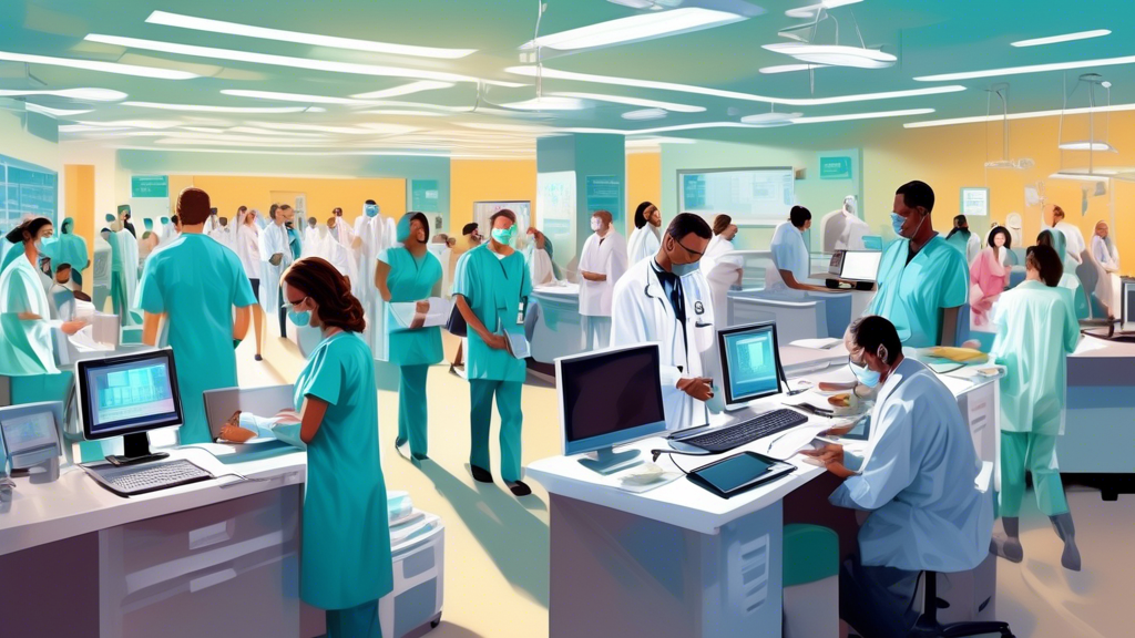 An intricate digital painting of a bustling hospital reception with a focused scene on a medical administrator using a computer to perform credential verification for new doctors, showcasing organized