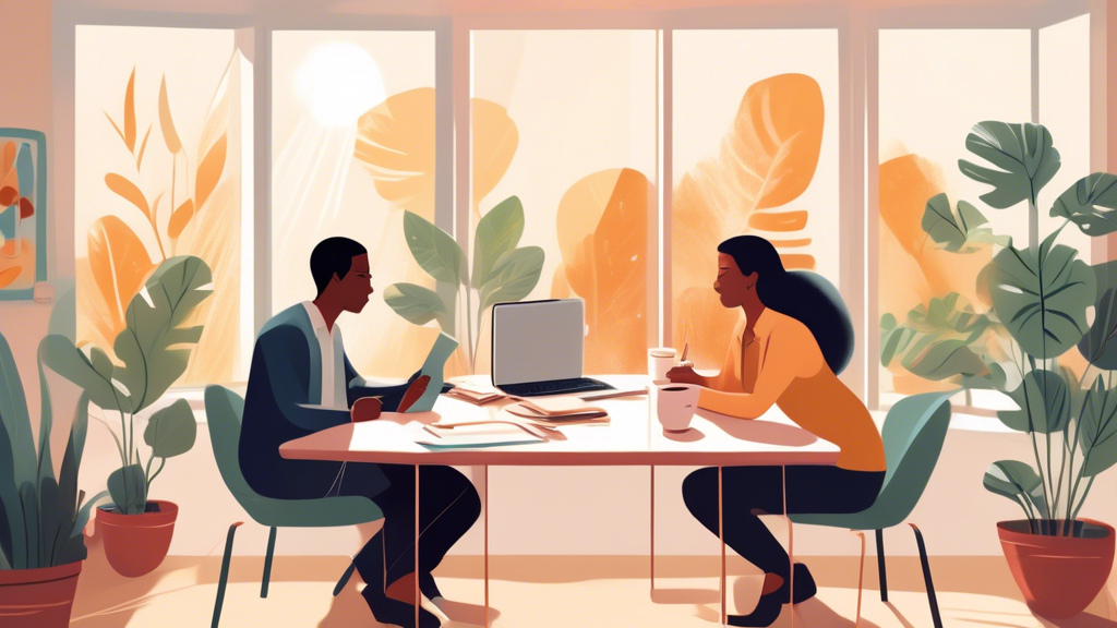 An illustrated scene showing a calm office environment where a mental health professional and an insurance representative are engaged in a peaceful discussion at a round table, with documents, laptops