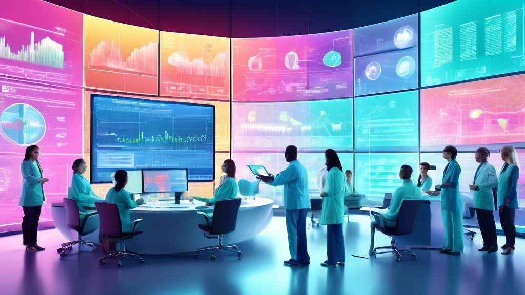An ultra-modern, high-tech office with a group of healthcare professionals gathered around a large digital screen, displaying graphs and digital representations of electronic funds transfer systems, e