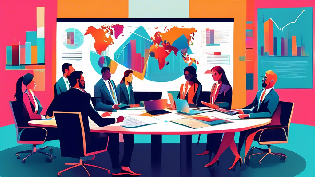 An illustrated conference room with diverse professionals in suits, brainstorming over documents and laptops, with legal books and digital screens showing charts and business strategies.