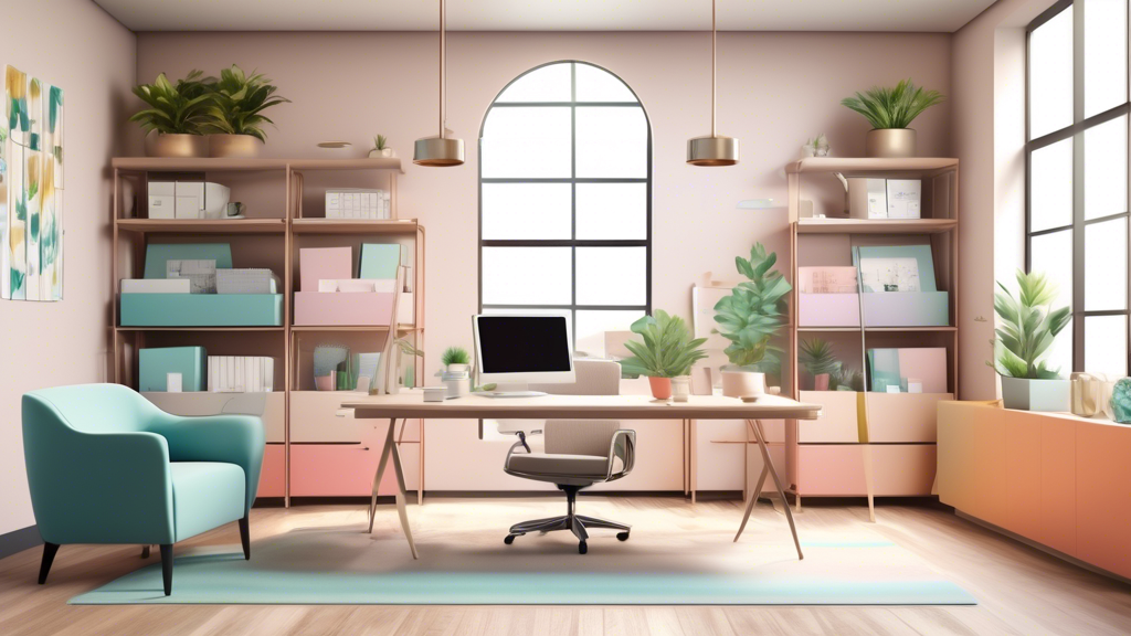 An organized and serene office space designed for mental health providers, featuring calming colors, comfortable seating, an efficient work station, and soothing decor elements, all under soft, natura