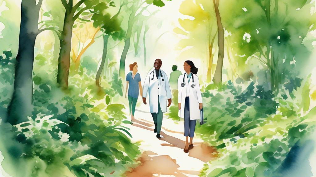 A serene watercolor-style illustration showing two paths diverging in a lush, green forest, one path is narrow and traveled by a single figure with a doctor's white coat and stethoscope, the other pat