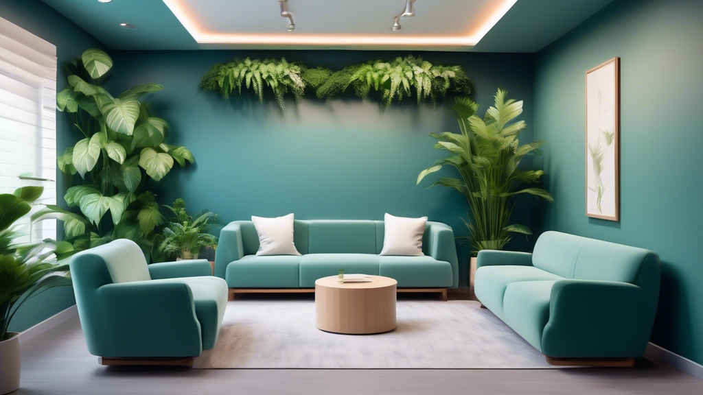 An elegant and serene mental health practice office, showcasing a calming and professional environment with plush green plants, soothing blue walls, ambient lighting, and comfortable seating arrangeme