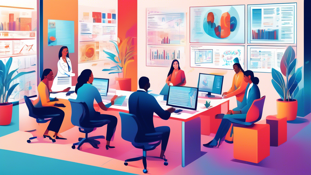 An intricate illustration of a modern office setting where diverse healthcare professionals are collaboratively discussing and reviewing large, detailed documents and digital screens showing legal cod