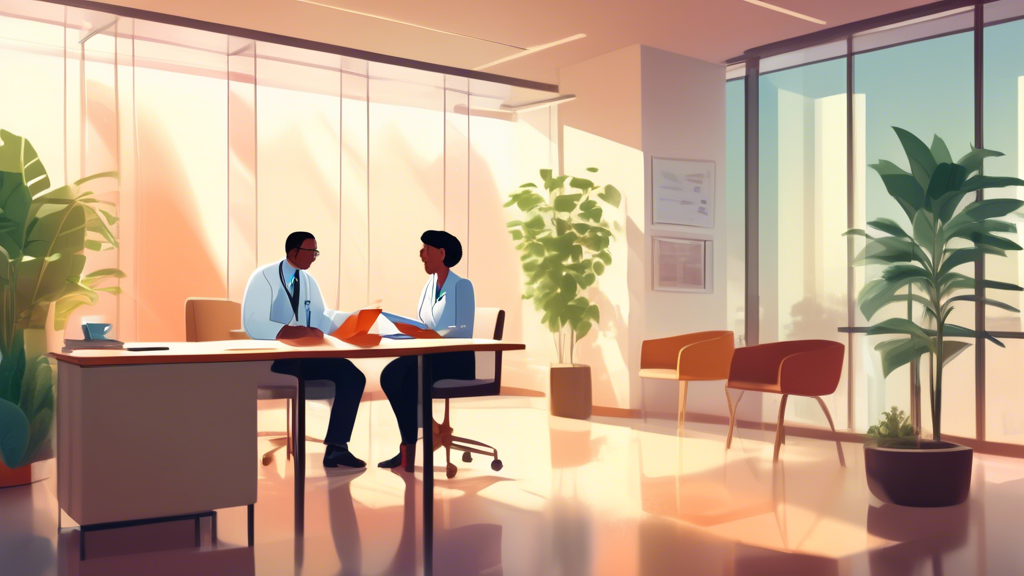 An artistic depiction of a serene, modern office environment where a healthcare professional and a patient are sitting at a table, discussing a document labeled 'Single Case Agreement.' The setting is