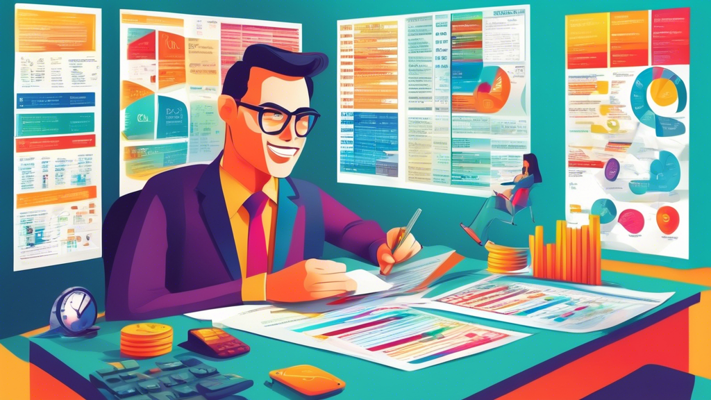 A friendly financial advisor explaining different types of Tax ID numbers on a colorful infographic poster, in a modern office setting.