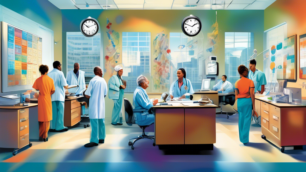 An intricate digital painting visualizing a timeline, showing various key stages in the medical credentialing process with diverse professionals at work, set against the backdrop of a bustling hospita