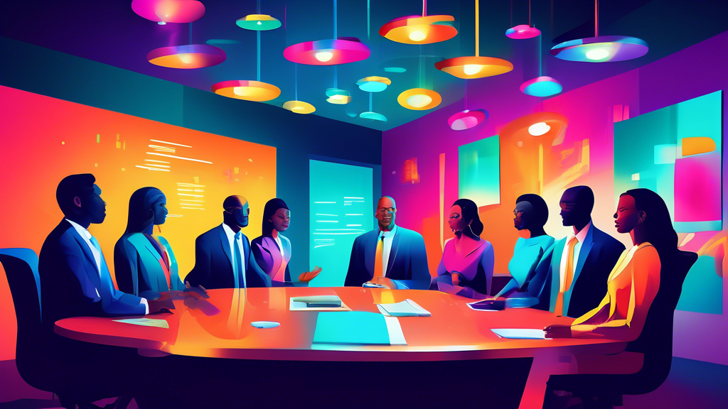 A vibrant conference room with diverse professionals engaged in a lively discussion, revealing hidden benefits of credentialing depicted as glowing, symbolic icons floating above their heads, in a mod